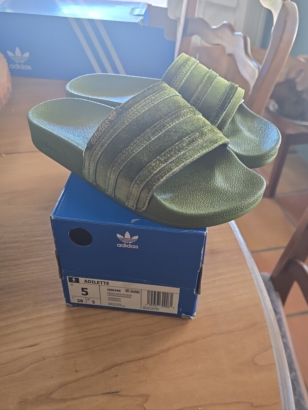 adidas ADILETTE Olive Green Slide Sandals - Velvet Textured Strap
